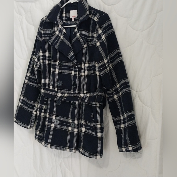 Bongo Womens Large Belted Brushed Soft Button-Down Plaid Navy Blue White Jacket - Picture 3 of 15